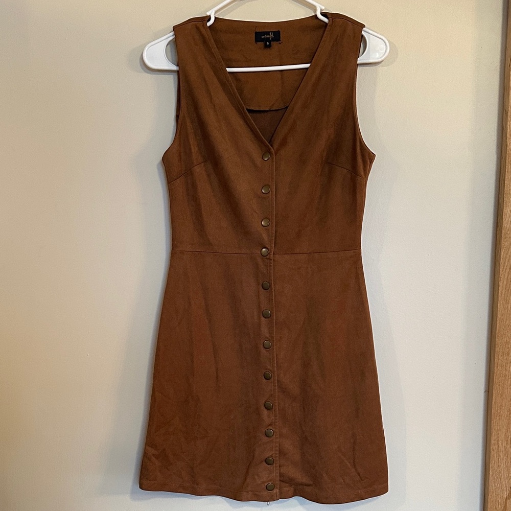 Faux Suede Camel Sleeveless Dress Snap Button On Twelfth Size Small, Buckle